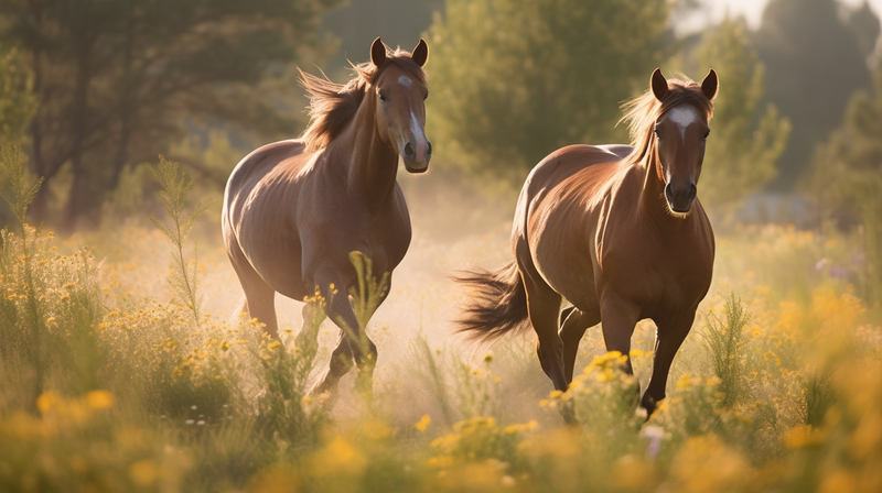 Two horses running together in a sunny field