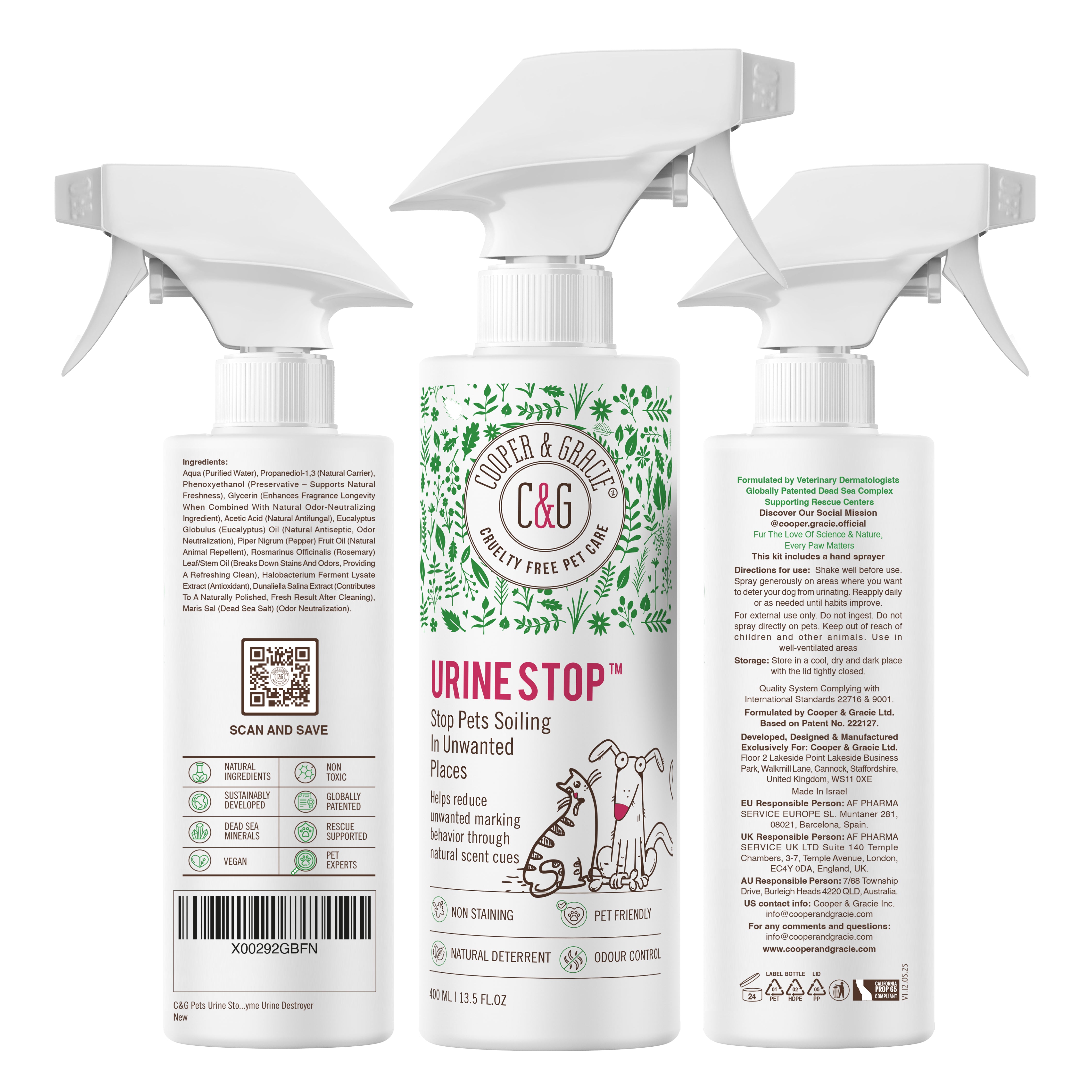 Dead Sea Urine Stop Spray – 400ml – Natural Indoor Dog & Cat Urine Deterrent & Odour Neutraliser