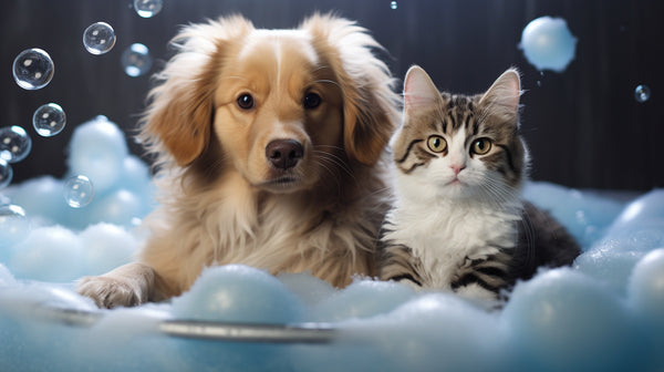 A cat and a dog enjoying a bubble bath together