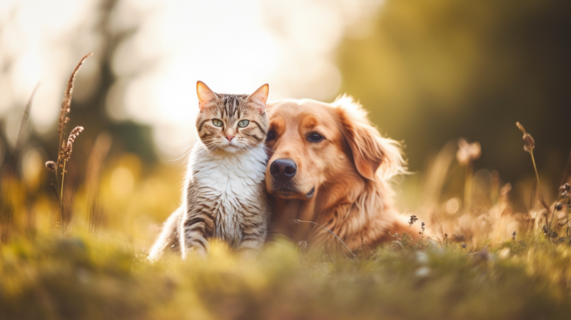 A cat and dog sitting next to each other on a sunny day in a field.