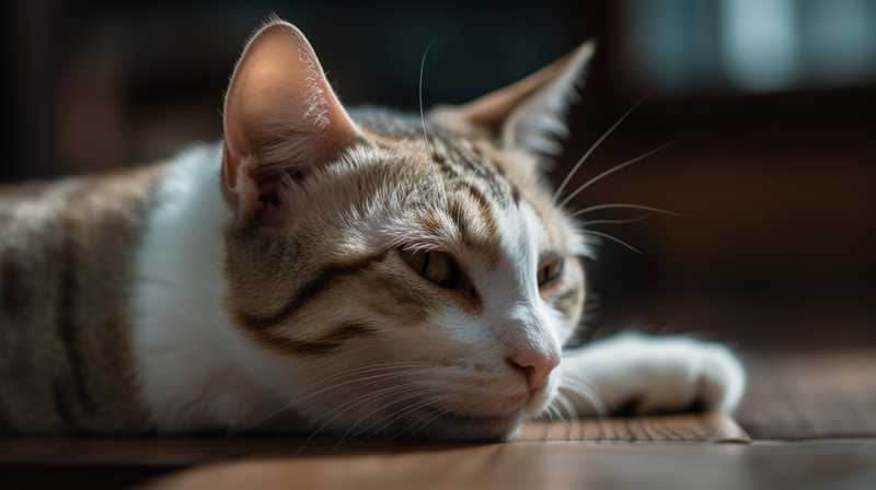 A cat lying down on a wooden floor