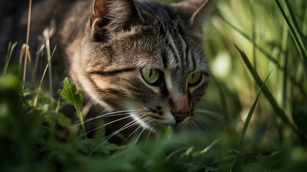 A cat about to eat some grass in a garden