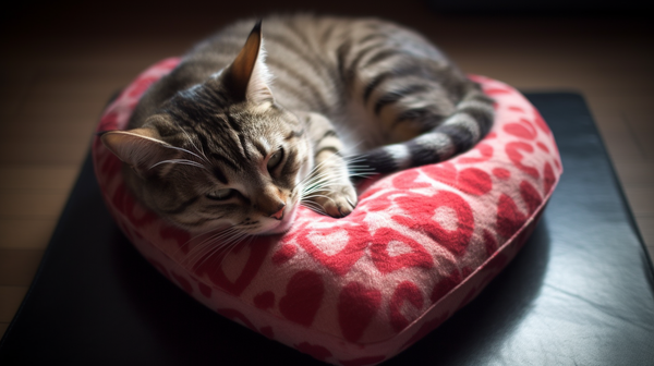 A cat lying on top of a heart-shaped cushion