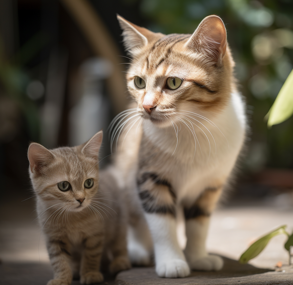 A kitten next to an older cat 