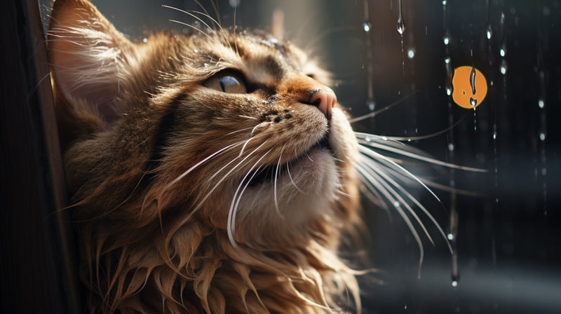 A sad cat looking out of a window as it's raining