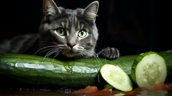 a cat with a cucumber