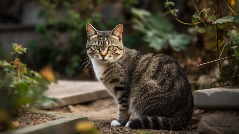 a guilty looking cat in a garden
