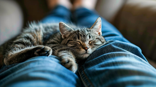 a photograph of a cat soundly asleep between its owner's legs