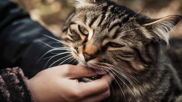 a cat biting and licking its owner's hand whilst being petted