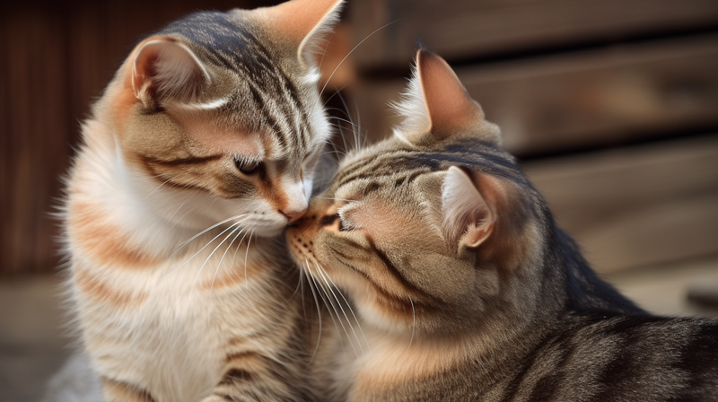 two cats grooming each other with heads nuzzled together