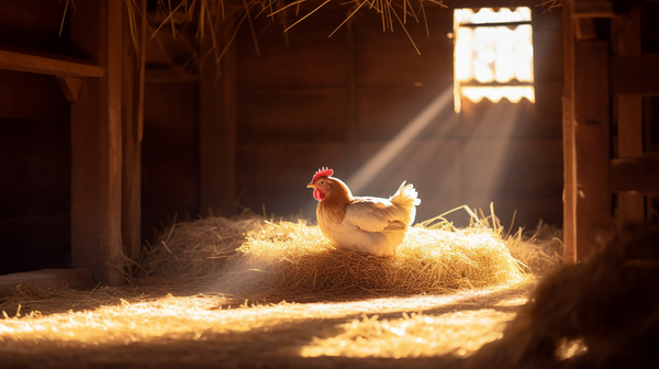 A chicken sitting on some hay in a barn as sunlight seeps in