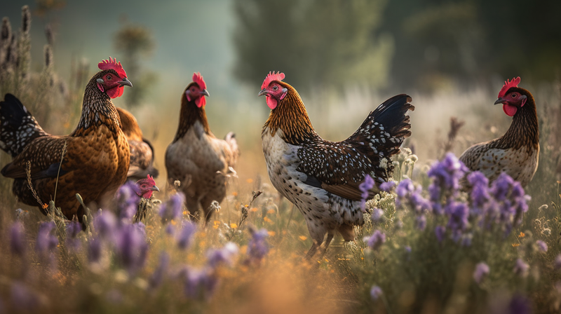 Chickens grazing in a field surrounded by wild flowers