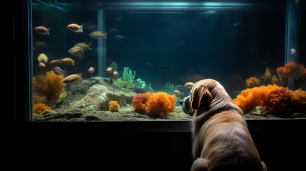a dog next to an aquarium filled with fish