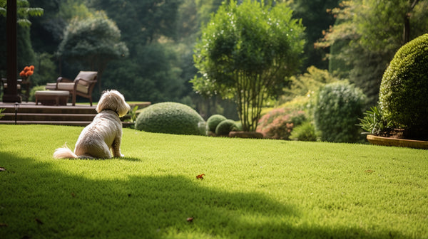 a dog scooting its bum along a beautiful lawn in a garden