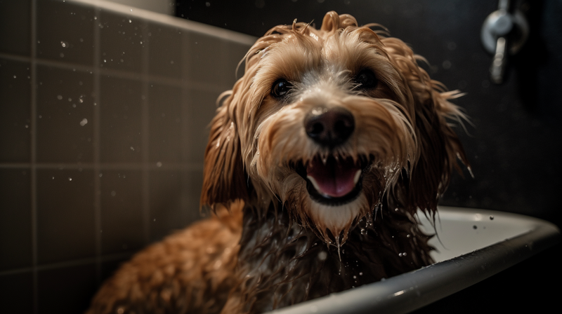 A dog smiling in the bath