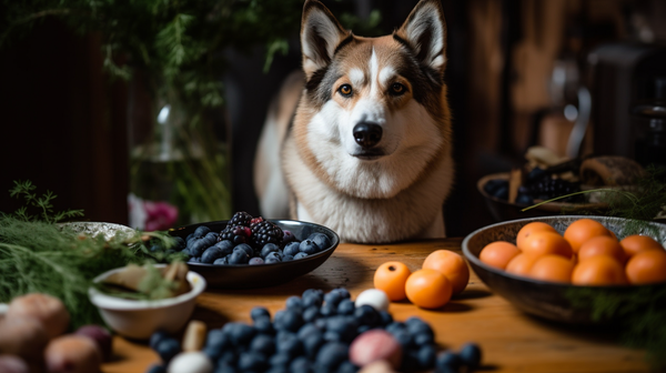 A dog surrounded by superfoods