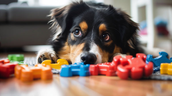 a dog playing with a puzzle toy