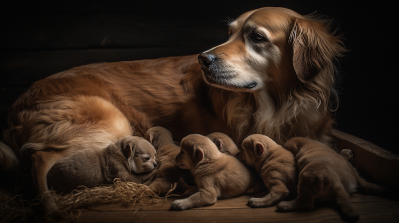 a mother dog with a litter of newly born puppies