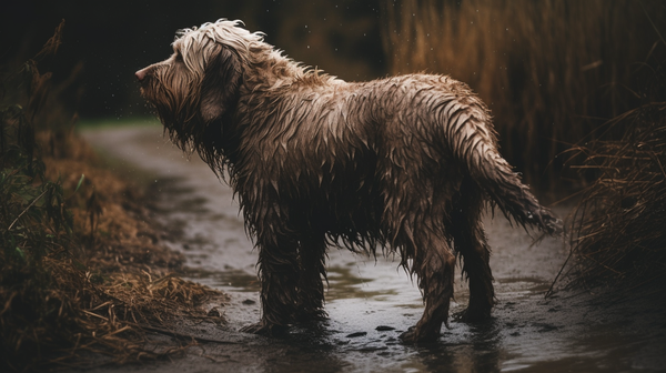 A wet dog with limber tail