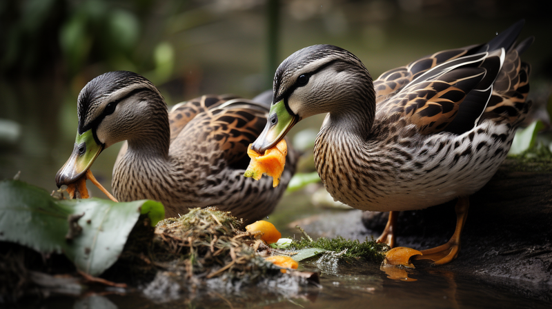 two ducks eating