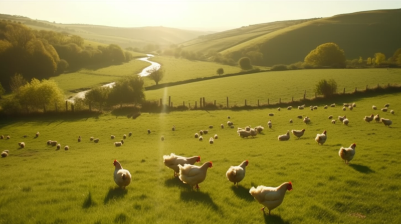 Flock of Chickens together in the rolling hills of the countryside