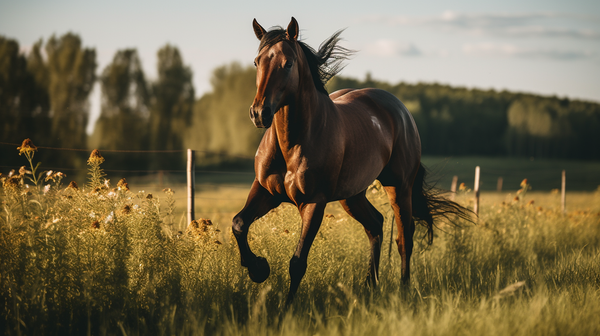 a beautiful brown horse running through a field