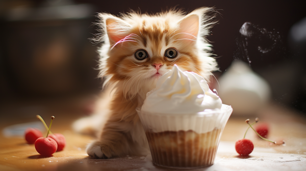 a cute kitten sat behind a cupcake topped with whipped cream