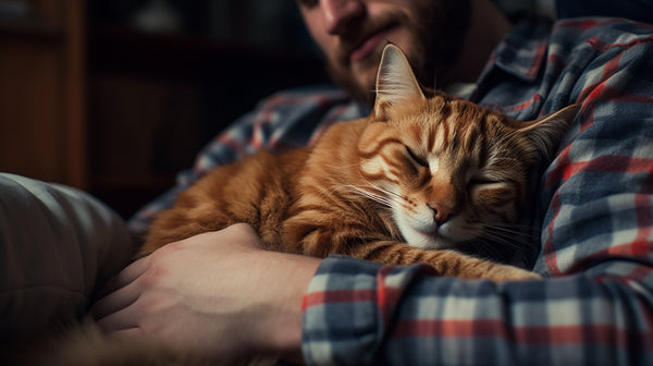 a cat cuddling with its owner on a cosy sofa