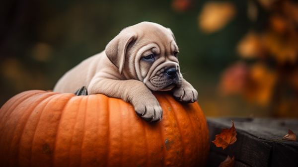 a puppy lying on top of a pumpkin