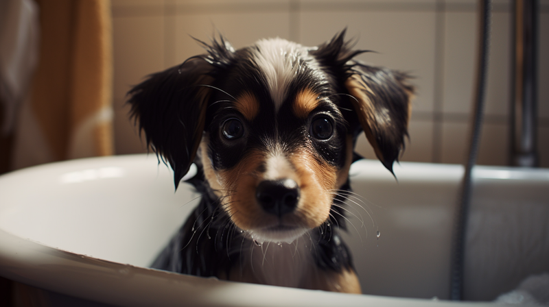 A happy puppy in the bath