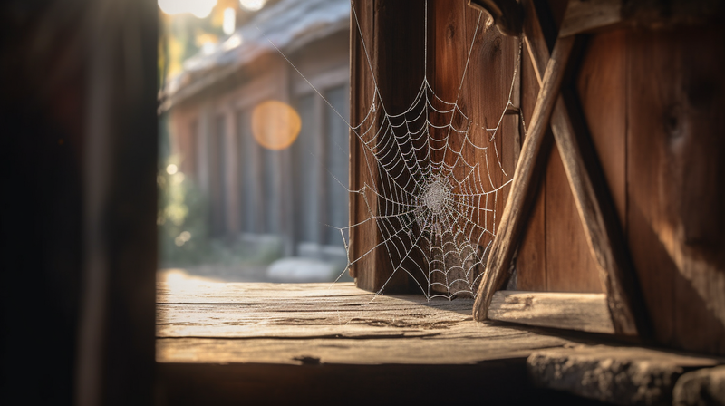 A spider's web in a wooden doorframe