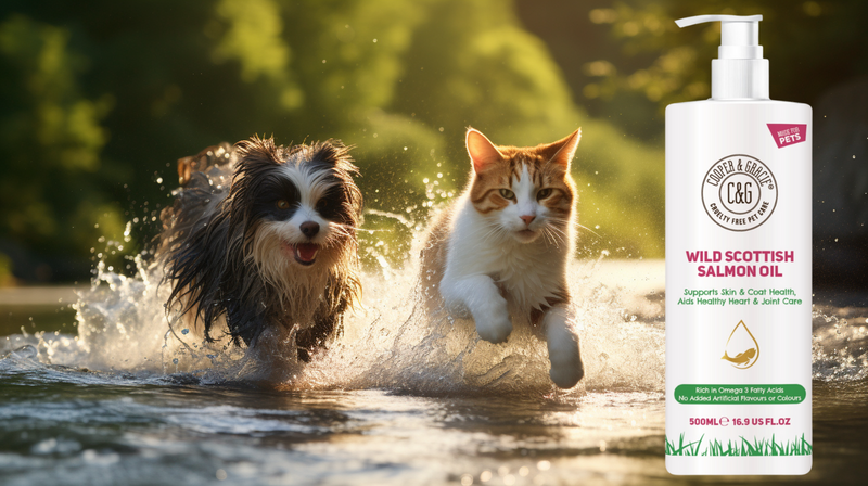 A cat and dog leaping in a stream with Cooper & Gracie's Wild Scottish Salmon Oil