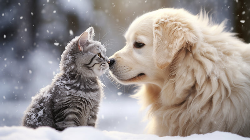 a cat and a dog playing happily in the snow