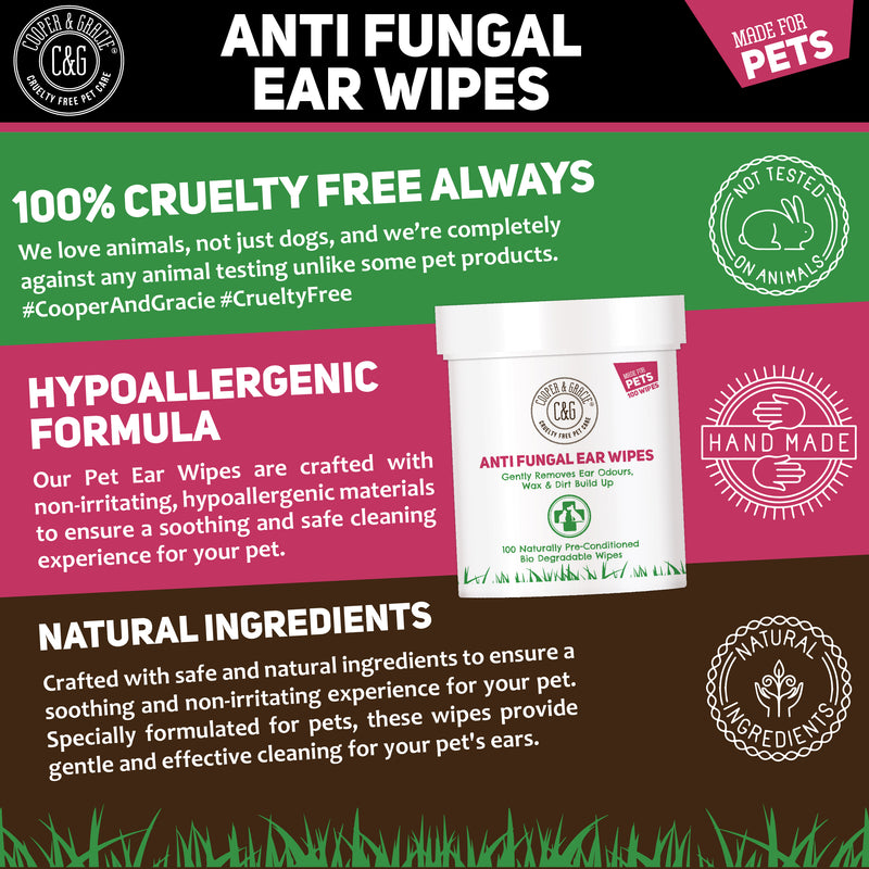 Anti Fungal Dog Ear Wipes - 100 Soothing Biodegradable Pet Ear Cleaning Wipes